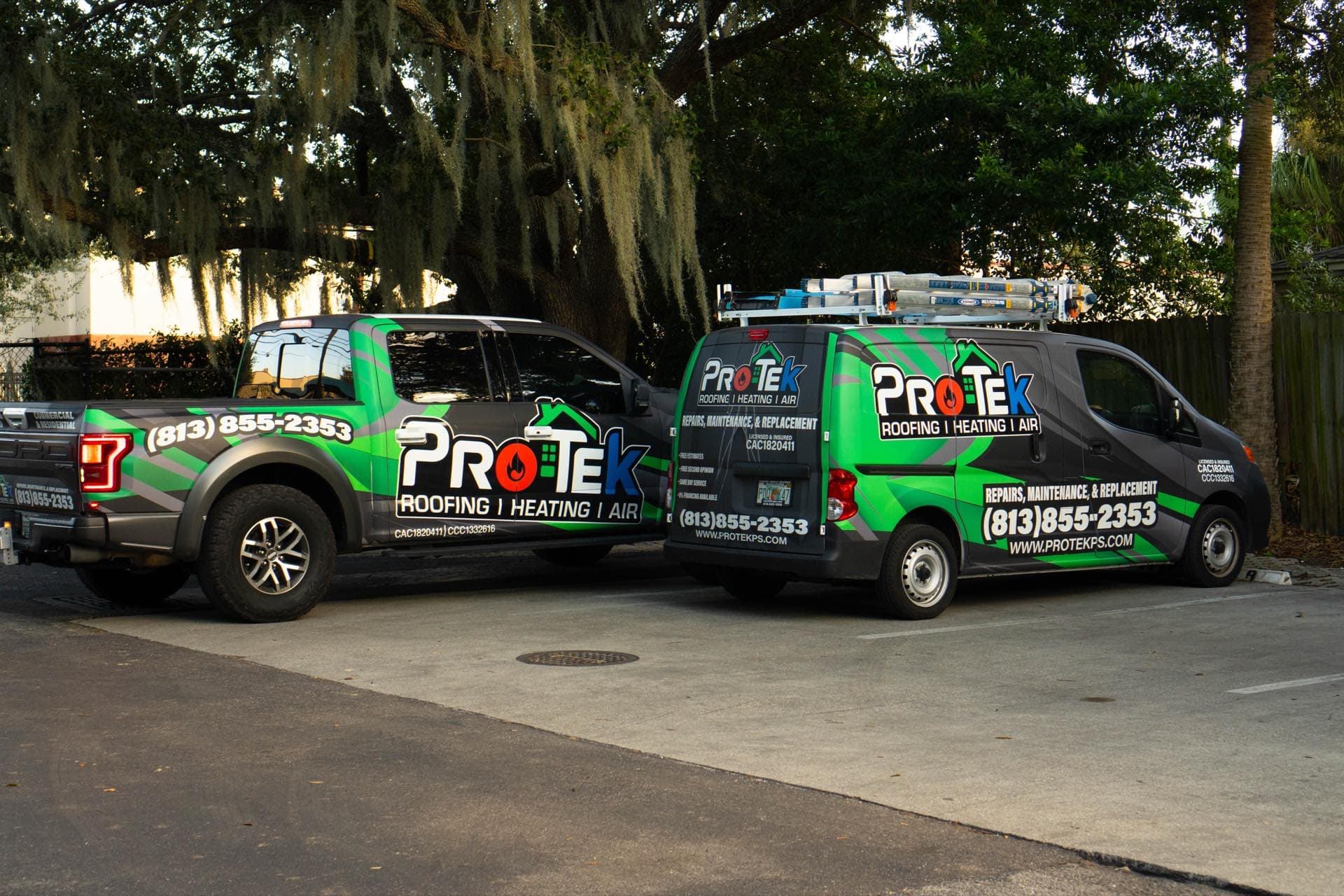 Protek wrapped pickup truck and service van with ladder rack parked in Tampa FL
